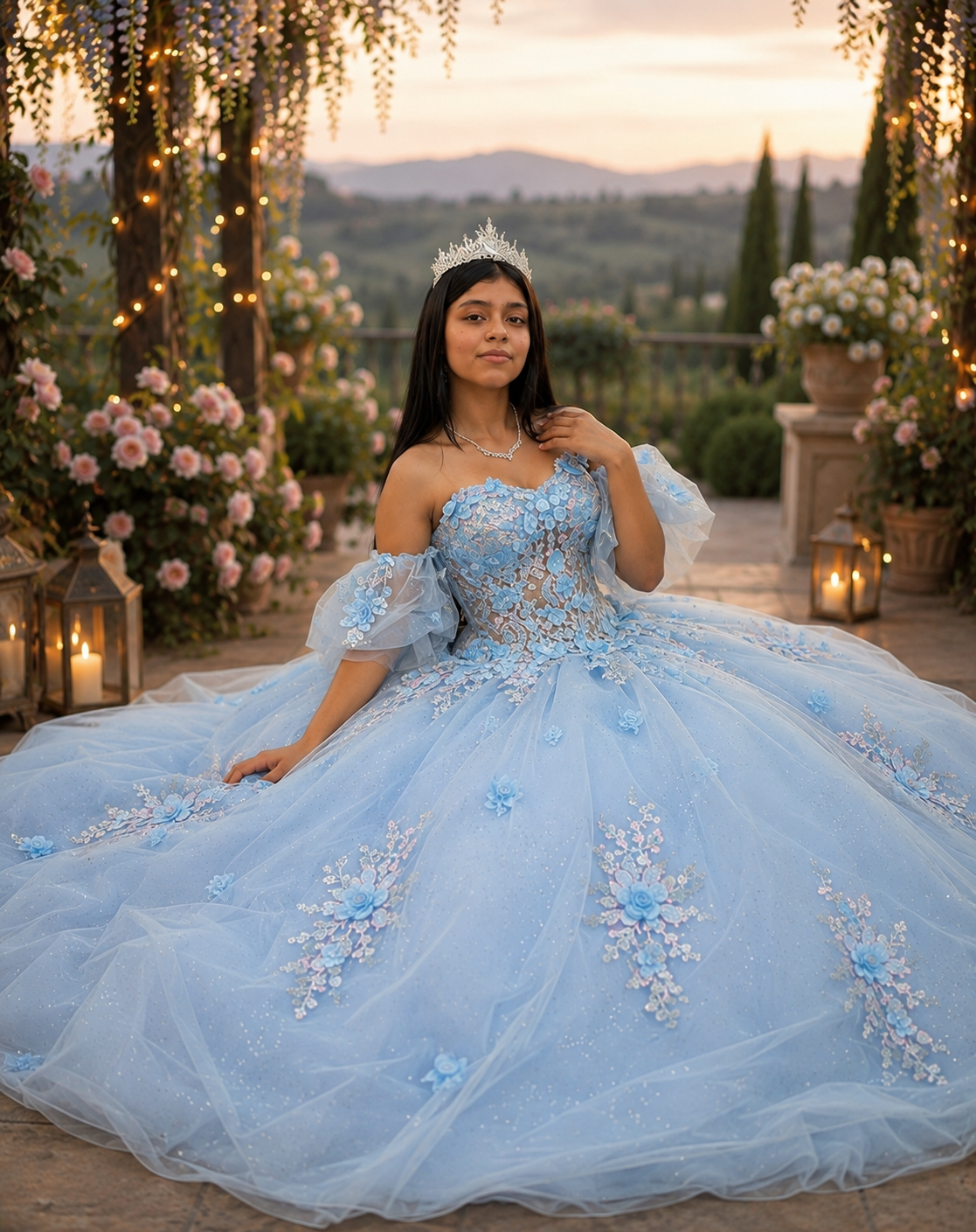 Valerie sentada con el vestido extendido